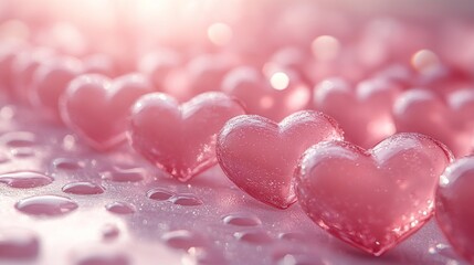 Obraz premium Pink hearts, dewy surface, sunlit background, Valentine's card