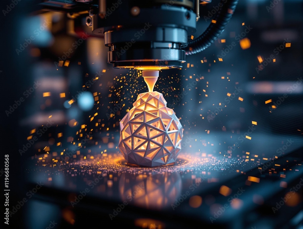 Aufkleber  3D printer in action, with a metallic 3D print in progress. Sparks are visible as the printer head moves, highlighting the dynamic process of 3D printing.