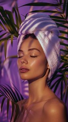 Fototapeta premium Charming woman with towel on head and radiant skin enjoying spa relaxation. Purple background with palm leaves, ideal for cosmetic product banners and beauty services.