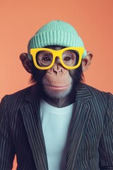 Fototapeta premium Monkey in a stylish outfit wearing glasses and a beanie, posing against an orange background, showcasing fun and quirky fashion trends in animal photography.
