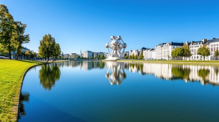 Fototapeta premium Scenic view of a modern sculpture beside a tranquil water body.