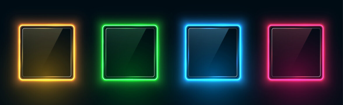 Set of neon square frames with glass. Glowing gradient borders, colorful night banners isolated on dark background. Vector 3d illustration.