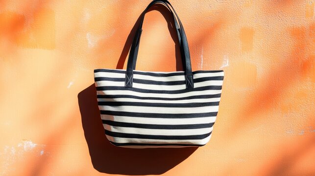A beach bag with bold stripes placed on a sunny orange background