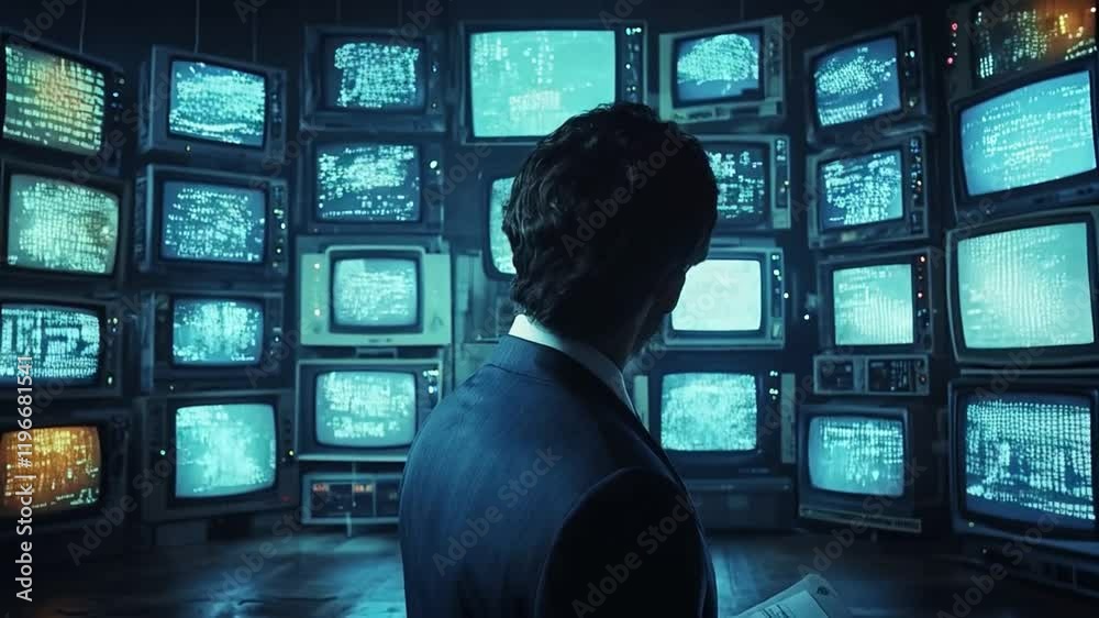Poster A person in formal attire stands in front of a wall of vintage and modern screens, each showcasing various data streams and patterns, highlighting the complexity of cyber defense technology.