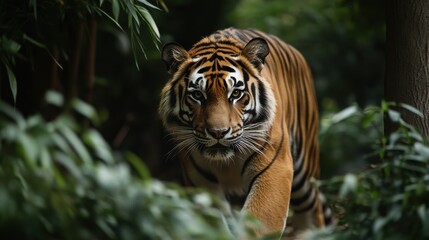 Fototapeta premium Majestic tiger emerges from lush green foliage.