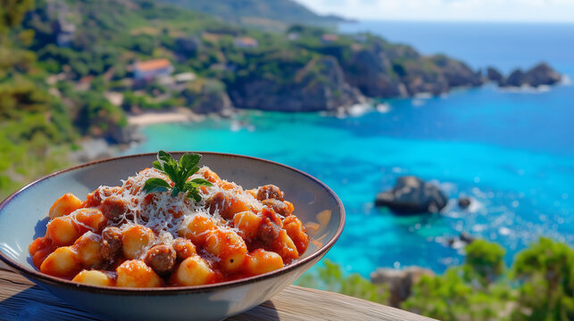 Bowl of Malloreddus (Sardinian gnocchi) in a tomato and sausage sauce, Pecorino Sardo cheese with the background of coastline of Sardinia, Italian  cuisine, Sardinian pasta