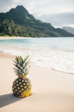 Pineapple resting on tranquil beach sand with ocean waves and mountains in background, showcasing tropical fruit paradise and relaxation vibes in nature.