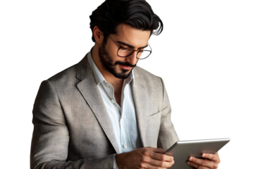 Handsome businessman using a tablet and working, isolated on transparent background