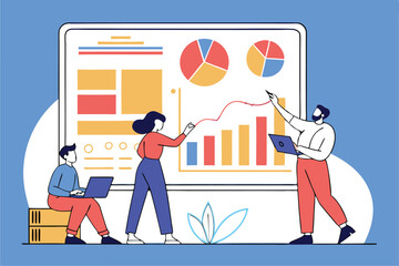 Business analytics dashboard, giant interactive screen, data visualization, colorful charts and graphs, business professionals collaborating, flat vector illustration style, blue background, modern of