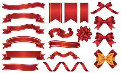 Elegant Red Gold Ribbons Bows Festive Design Elements Set Premium Quality Vector Illustration Perfect for Holiday Cards Invitations Decorations Branding Projects Professional Graphic Design Resources 