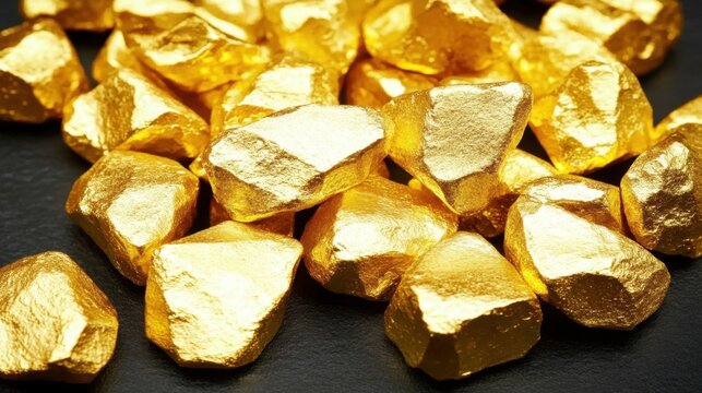 A close-up of shimmering gold nuggets on a dark surface, highlighting their natural texture and glow