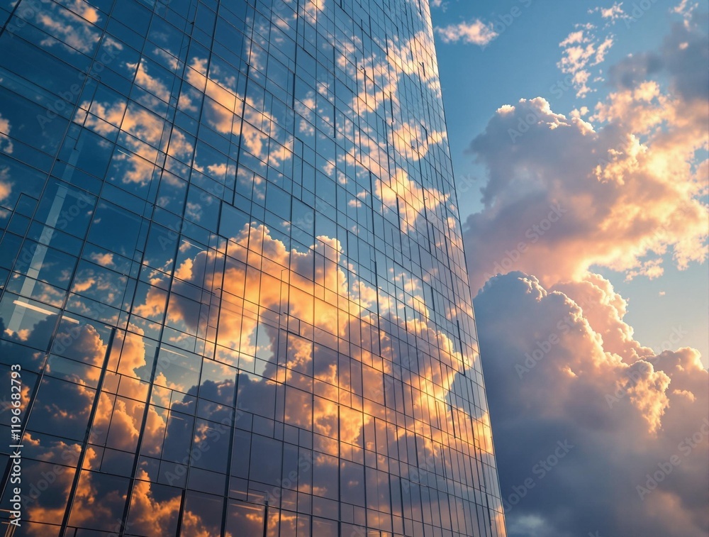 Aufkleber tall glass building with a clear blue sky in the background, and the building reflects the sky and c
