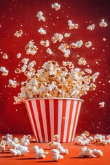 Popcorn overflowing from striped bucket with flying kernels, perfect for cinema-themed events, snack time, movie nights, and festive gatherings or parties.