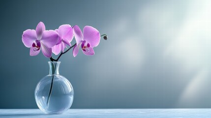 Elegant Minimalism Purple Orchid for Valentine Day Concept in Glass Bottle on Silver Background