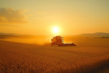 Naklejka premium Golden Wheat Field at Sunset with Combine Harvester Creating Dust Cloud in Rural Countryside Landscape