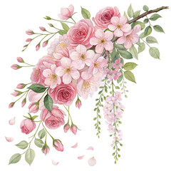 Fototapeta premium A vibrant arrangement of pink roses and delicate blossoms, showcasing a lush mix of petals and greenery in a beautiful floral design.