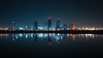 Obraz premium Night cityscape reflection, coastal city, tranquil waters, urban skyline, for travel brochures