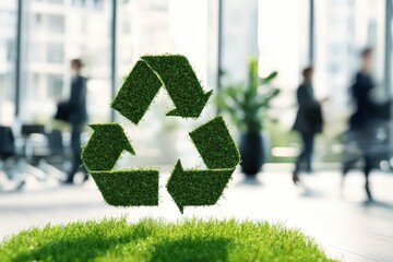 Recycling symbol made of grass in modern office with business professionals discussing sustainability initiatives and eco-friendly practices for environmental impact.