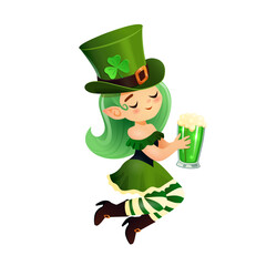A cheerful vector illustration of a whimsical leprechaun girl dressed in festive green attire, holding a frothy glass of green beer. The leprechaun features vibrant green hair, a shamrock-adorned hat