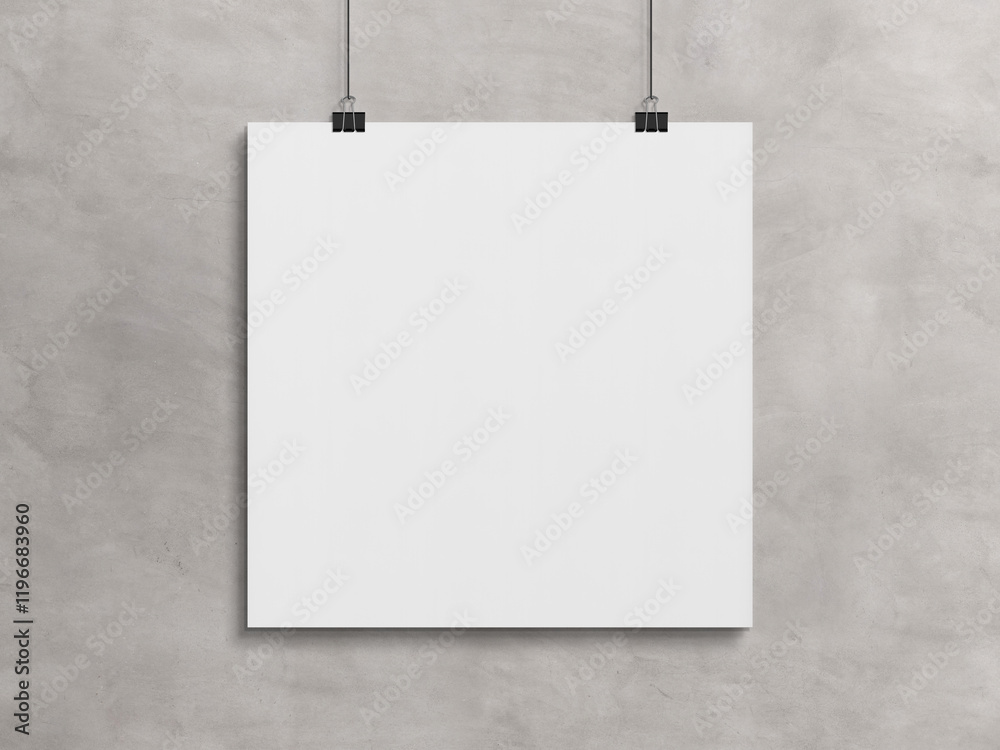 Poster blank squared poster hanging with clips on a concrete wall mockup. 3d rendering