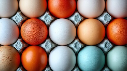 Colorful Egg Carton: A Close-Up of Assorted Chicken Eggs in a Carton