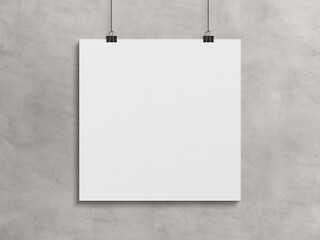 Blank squared poster hanging with clips on a concrete wall Mockup. 3D rendering