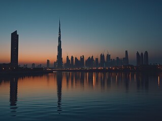 Obraz premium Dubai skyline at dawn, reflected in calm water, construction ongoing
