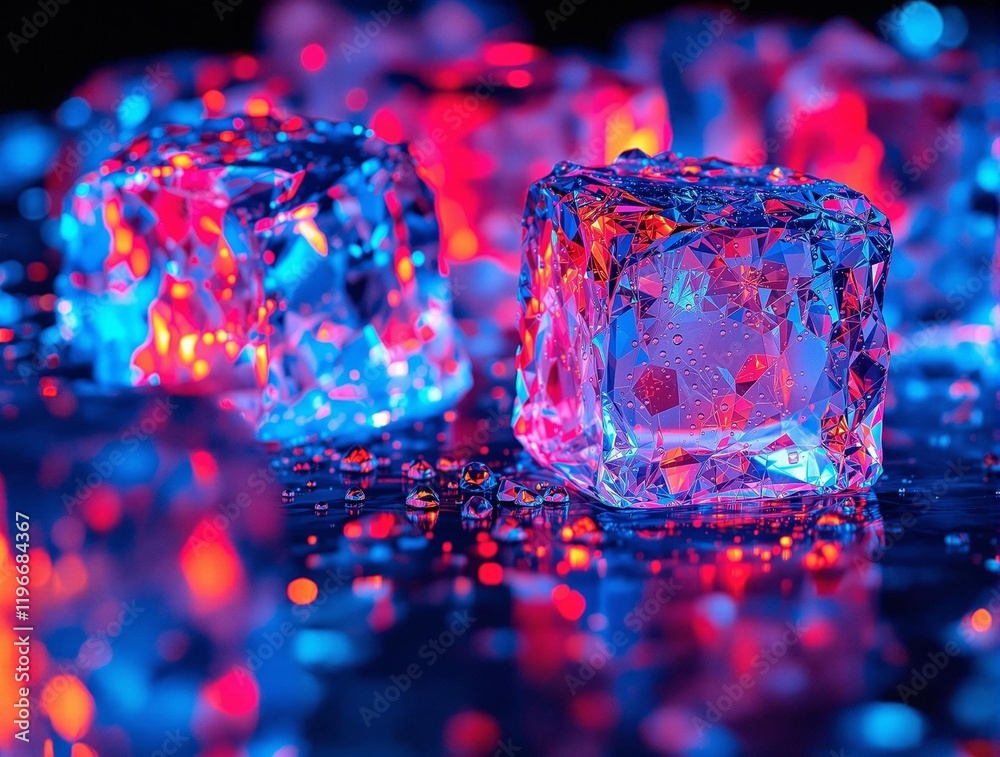 Poster two ice cubes on a reflective surface, surrounded by colorful lights creating a vibrant and moody at