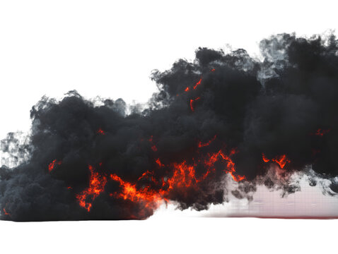 Intense eruption of flames and thick dark smoke creating a dramatic transparent background, PNG