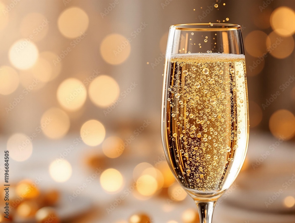 Poster glass of champagne with bubbles rising to the top, set against a background with warm, golden lights