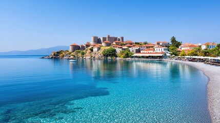 Obraz premium Coastal Town with Castle and Turquoise Sea