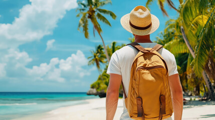 Fototapeta premium man with backpack enjoys tropical beach view under palm trees. clear blue sky and ocean create serene atmosphere, perfect for relaxation and adventure