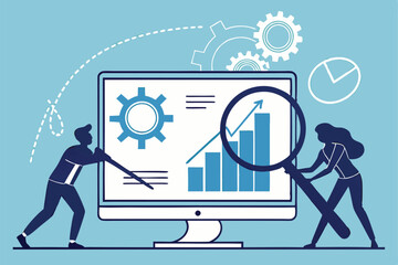 business analytics, data visualization, computer monitor, graphs and charts, magnifying glass, flat design illustration, blue background, people silhouettes, digital marketing, statistics, business in