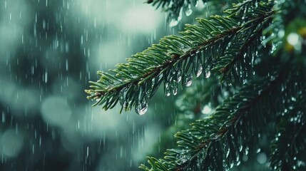 Rain drops on pine branch, close-up.