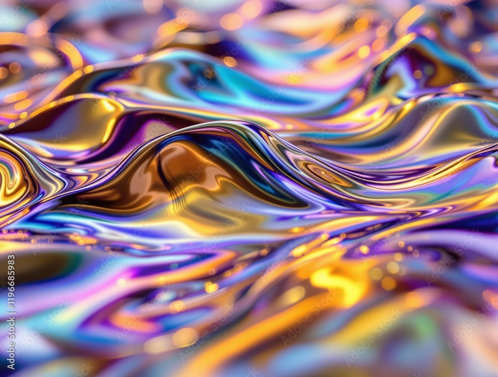 Poster colorful, abstract composition featuring swirling, metallic-like patterns in shades of purple, gold,