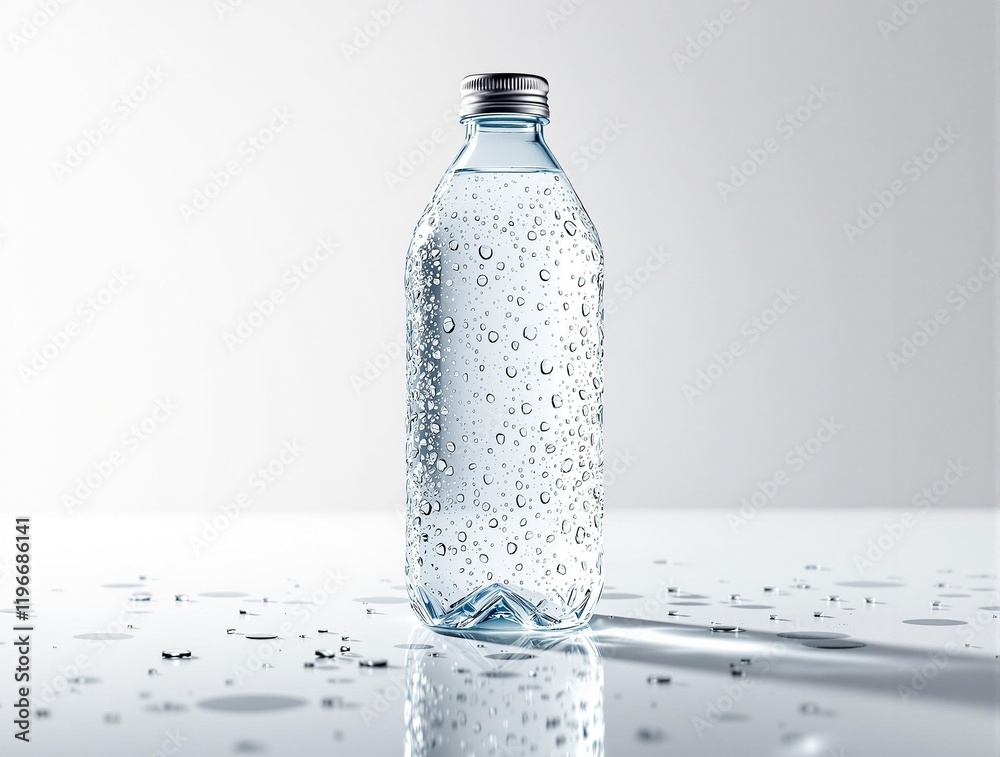 Aufkleber A transparent water bottle is shown on a white background with water droplets on it. The bottle is placed on a reflective surface, creating a mirror-like effect.