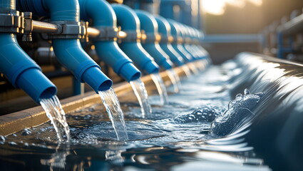 Fototapeta premium Industrial Scene Showcasing Multiple Streams of Water Flowing from Blue Pipes