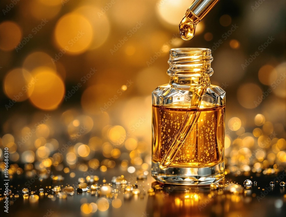 Poster close-up of a small, square, transparent glass bottle filled with a golden liquid. the bottle is bei