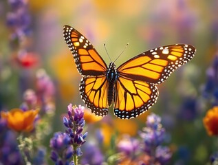 Fototapeta premium vibrant, colorful butterfly with orange wings adorned with black spots, perched on a purple flower against a blurred background of flowers and green foliage.
