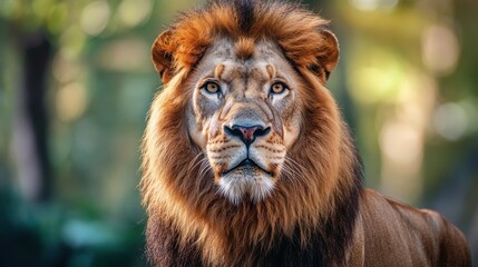 Majestic male lion in a lush green setting.