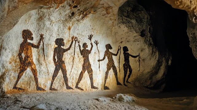 Ancient cave paintings depict human figures engaged in activities within a dark cave setting