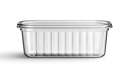 A clear glass container with a rectangular shape, featuring a ribbed design and a fitted lid for storage and food preservation.