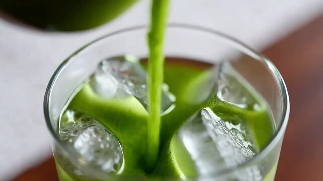 A side view of cold matcha tea being poured over ice in a glass, with layers of green swirling and mingling with the clear water.
