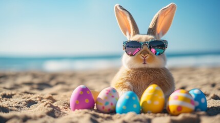 Easter bunny with colorful eggs on the beach, wearing sunglasses