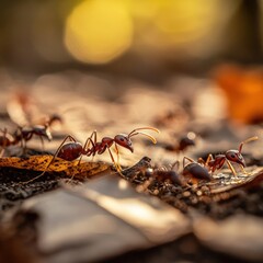 Close-up of red ants moving on forest floor at sunset.