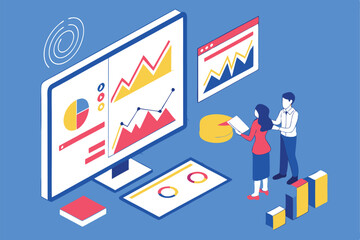 Obraz premium Business analytics, data visualization, digital marketing strategy, financial charts, growth statistics, computer monitor, office workspace, professional presentation, colorful infographics, bar graph