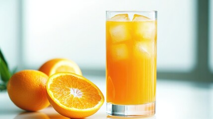 Refreshing orange drink glistens in sunlight, surrounded by fres