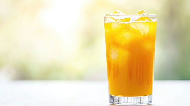 Bright orange drink in clear glass filled with ice cubes, refres