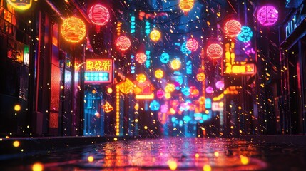 Fototapeta premium Neon Rain: A Cyberpunk Asian Cityscape at Night