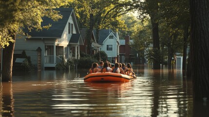 Rescue boat navigating through flooded neighborhood with stranded residents, showcasing emergency response and community support during natural disasters.